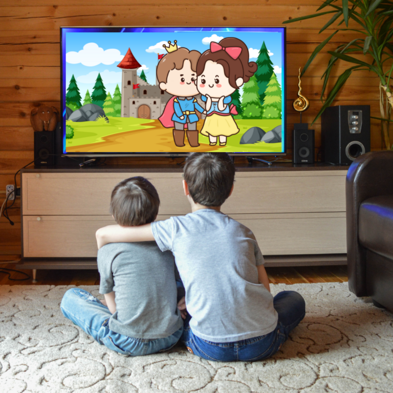 Two children watching a tv screen featuring a prince, princess, and castle.